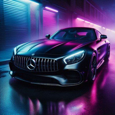 Black mercedes in neon lights
