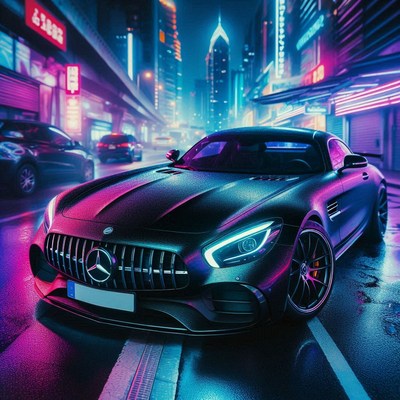 Black sports car in neon city