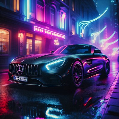 Black sports car in neon city street