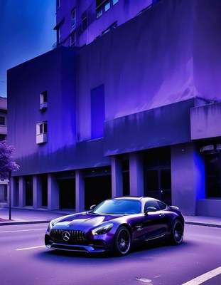 Purple sports car in city at dusk