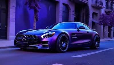 Purple sports car parked on city street