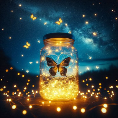 Butterfly in a jar with fairy lights