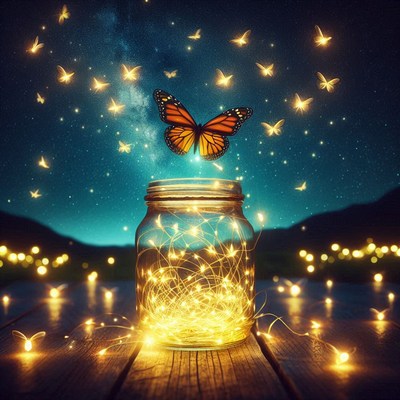 Butterfly and lights in jar