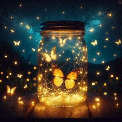Nighttime jar with glowing butterflies