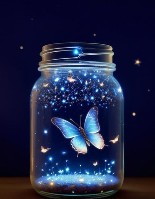 Blue butterfly in jar with lights