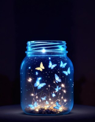 Blue butterflies in jar with lights