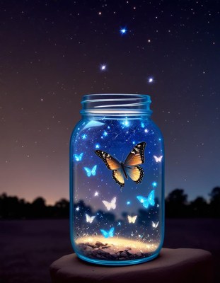 Butterfly and fireflies in a jar at night