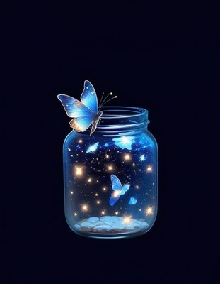 Blue butterfly in a jar of lights