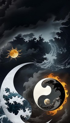 Yin yang symbol with sun and moon