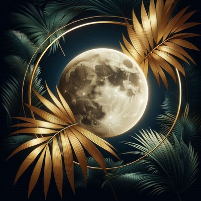 Full moon through golden palm leaves