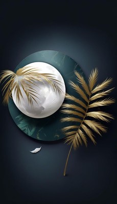 Golden palm leaves and white orb on teal
