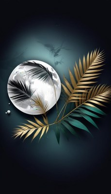 Golden palm leaves and moon on blue background
