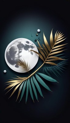 Golden palm leaf and moon on teal background