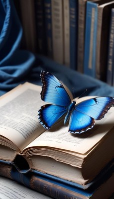 Blue butterfly on open book
