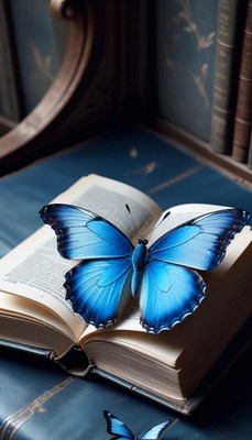Blue butterfly on open book