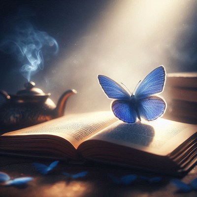 Blue butterfly on open book