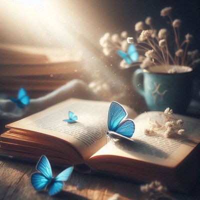 Blue butterflies on open book