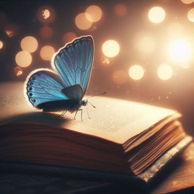 Blue butterfly on open book