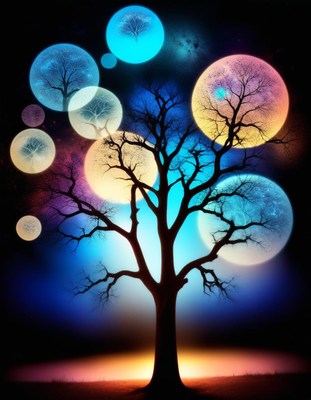 Tree silhouetted against colorful moons
