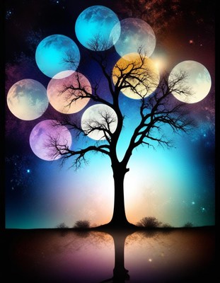 Silhouette tree with colorful moons