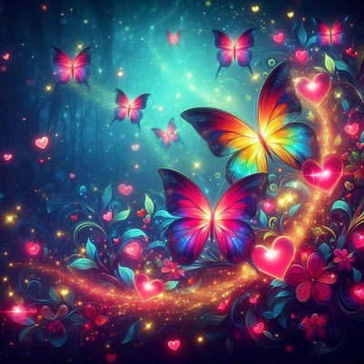 Colorful butterflies in a glowing forest