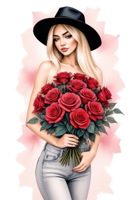 Woman holding roses in hat