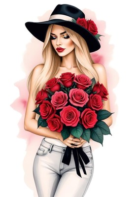 Woman holding red roses illustration