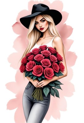 Woman holding roses in hat