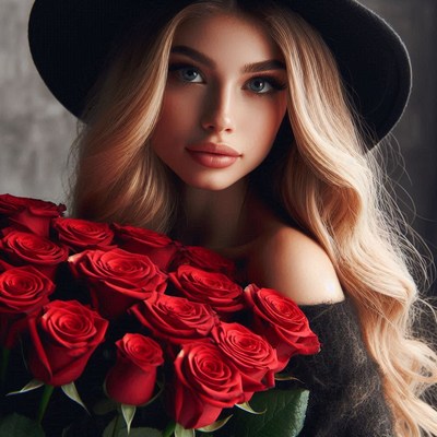 Woman with red roses and hat