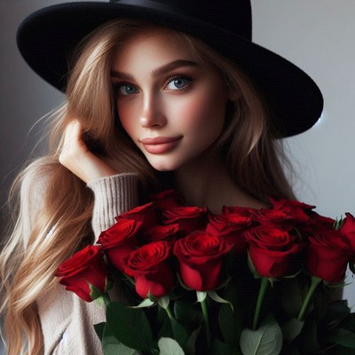 Woman holding red roses in a hat