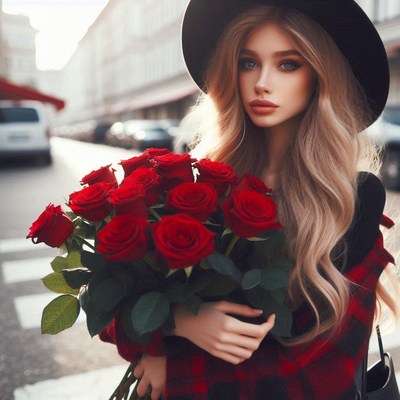 Woman holding roses in city street