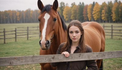 Woman and horse in autumn field