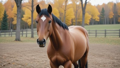 Brown horse in autumn pasture