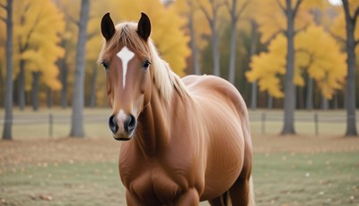 Brown horse in autumn field