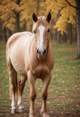 Palomino horse in autumn woods