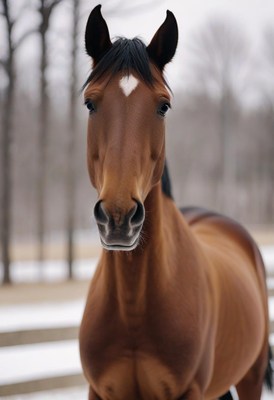 Brown horse looking at camera in winter
