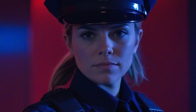 Woman police officer in blue and red lighting