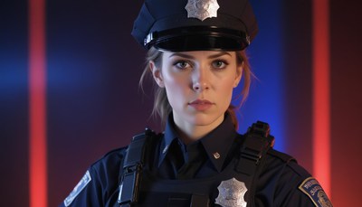 Police officer portrait in blue and red lights