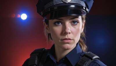 Policewoman in uniform under blue lights