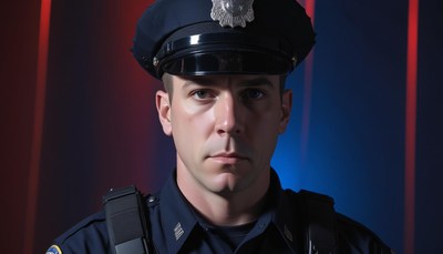 Police officer portrait against blue and red background