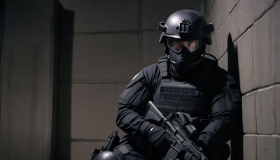 Swat officer in a dark corridor