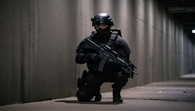 Swat officer kneeling in tunnel