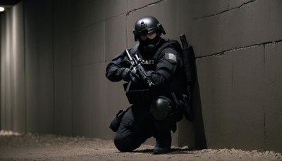 Swat officer kneeling in a tunnel