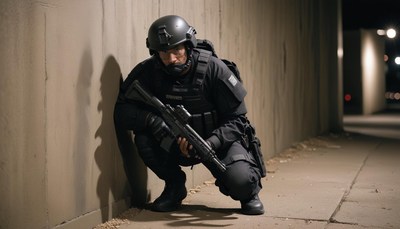 Officer crouching in urban alleyway