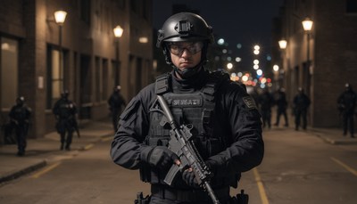 Armed officer in urban street at night