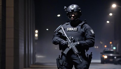 Swat officer standing in nighttime alley