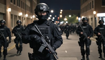 Swat team walking at night