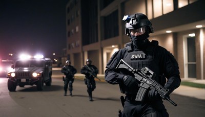 Swat team approaching building at night