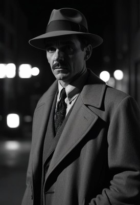 Man in fedora stands on city street at night