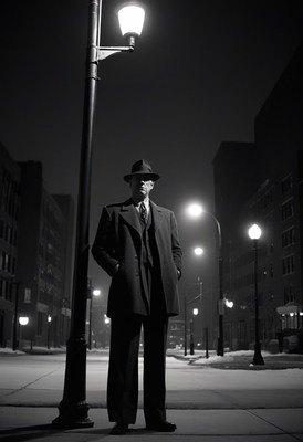 Man in suit on snowy city street at night